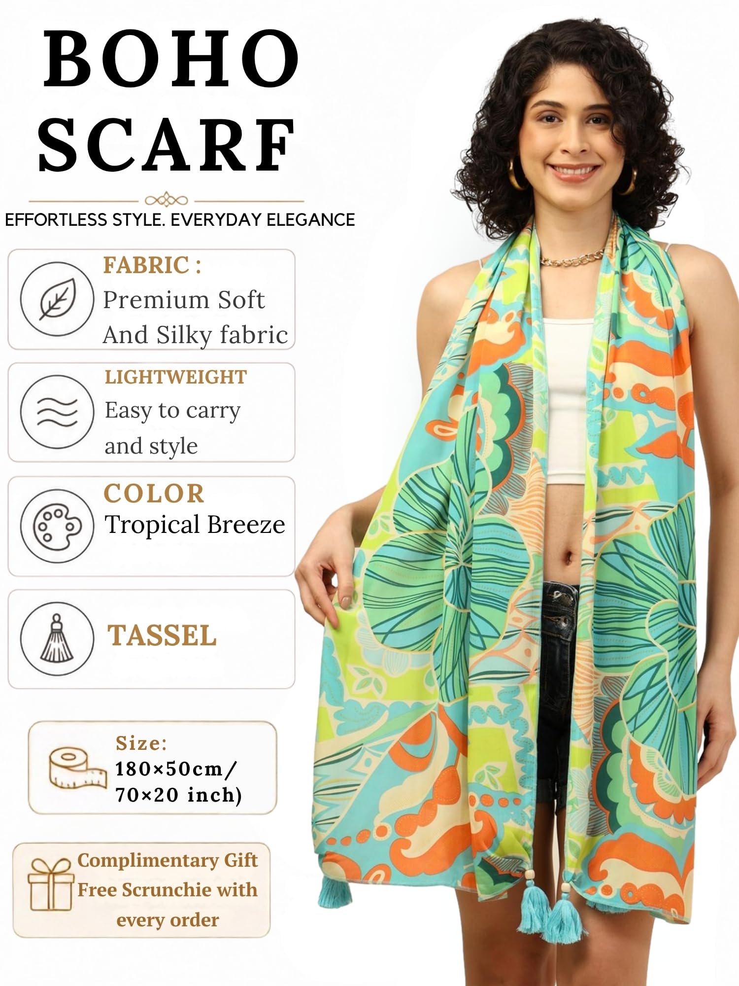 KE KANHA EXPORTS Scarf for Women Boho | Border Print Stylish | Stole for Women Breathable Summer Beach Wrap with Tassels | Multicolour |180 x 50 cm FREE Scrunchie Included
