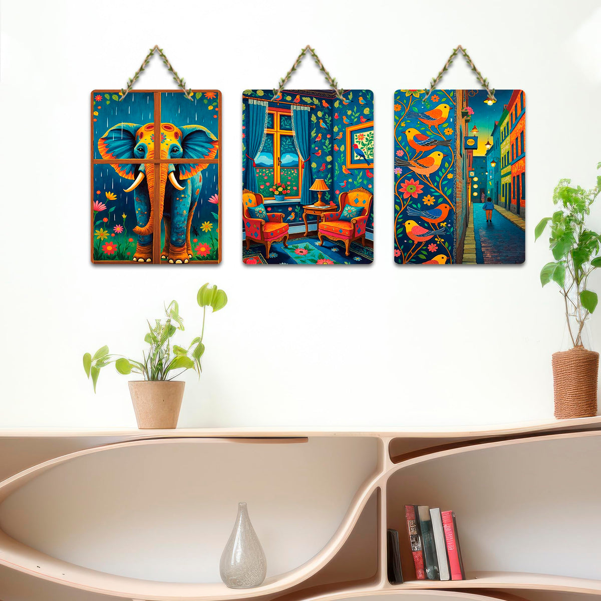 Artvibes Colorful Modern Art Decorative Wall Hanging Ornaments | Modern Decoration Items | Living Room | Bedroom | Office | Art Print | Wall Poster | Handcrafted Art | Unique Gift (WH_9607N), Set of 3