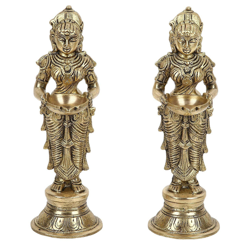 ARTVARKO Brass Metal Deep Luxmi Pair Meenakshi Devi Pair Holding Oil Diya for Pooja Mandir Temple Home Decor Diwali Deepam Dipak Gift -Height 9 Inch