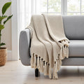 Tarantaran Home Hand-Knitted Cotton Sofa Throw | All-Season Throw Blanket for Sofa, Bed, Couch, Chair & Travel | 80×52 Inches (204×132 cm)(Light Fawn & White) Kafalo