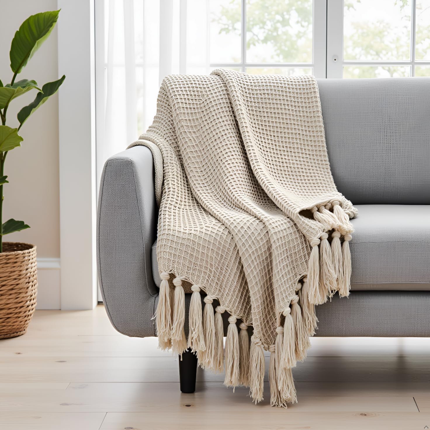 Tarantaran Home Hand-Knitted Cotton Sofa Throw | All-Season Throw Blanket for Sofa, Bed, Couch, Chair & Travel | 80×52 Inches (204×132 cm)(Light Fawn & White) Kafalo