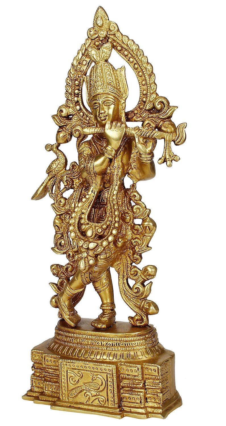 ARTVARKO Brass Murti Lord Krishna Idol God of Love Playing Flute for Home Décor Living Room Metal Statue Temple Gift Item Gold Polish Height 13.7 Inch
