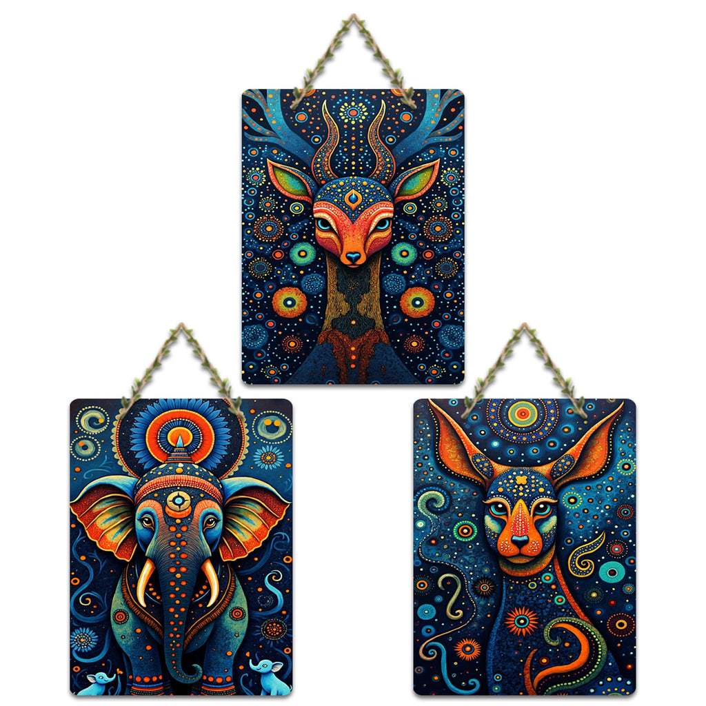 Artvibes Psychedelic Elephant Deer & Dog Cosmic Wildlife Art Decorative Wall Hanging Ornaments | Wall Accent | Sceneries | Aesthetic Wooden Decor | Graphic Artwork | Unique Gift (WH_9646N), Set of 3