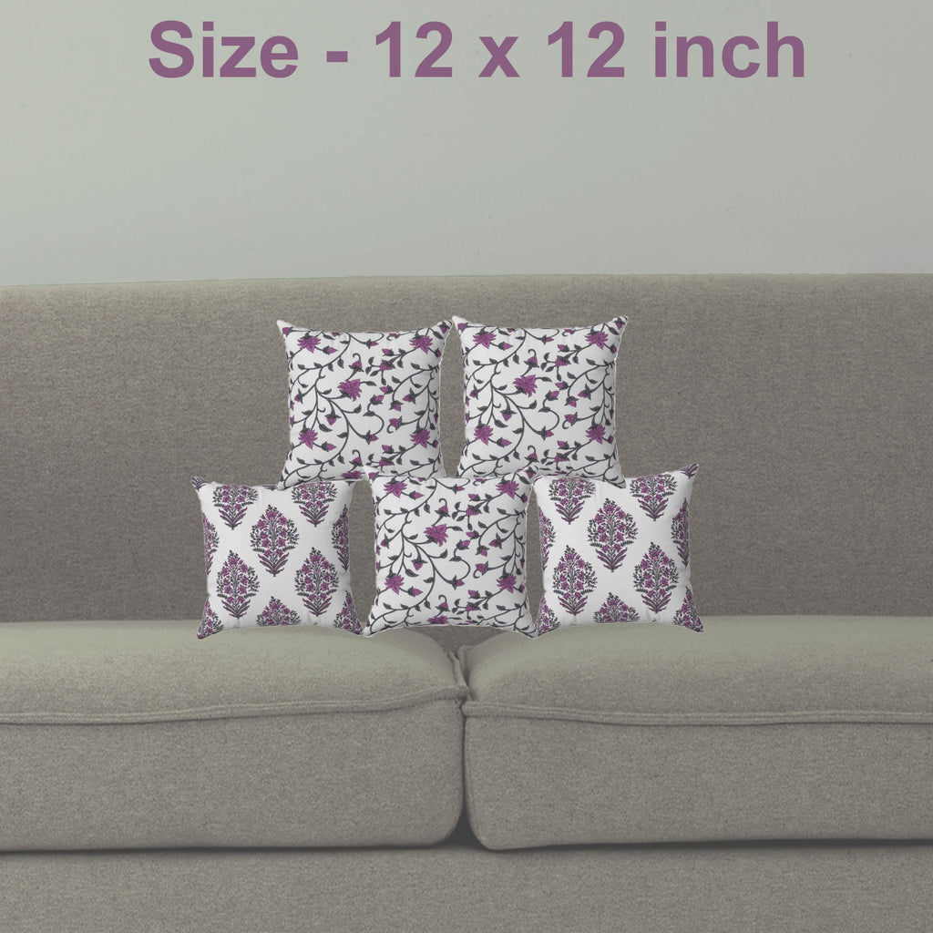 Trance Home Linen 100% Thick Cotton Printed 12x12 inch Cushion Covers for Sofa and Diwan | Throw Pillow/Small Cushion Pillow Covers (12x12 inch | 30cmx30cm, Madhuban & Jaal Mauve) – Set of 5