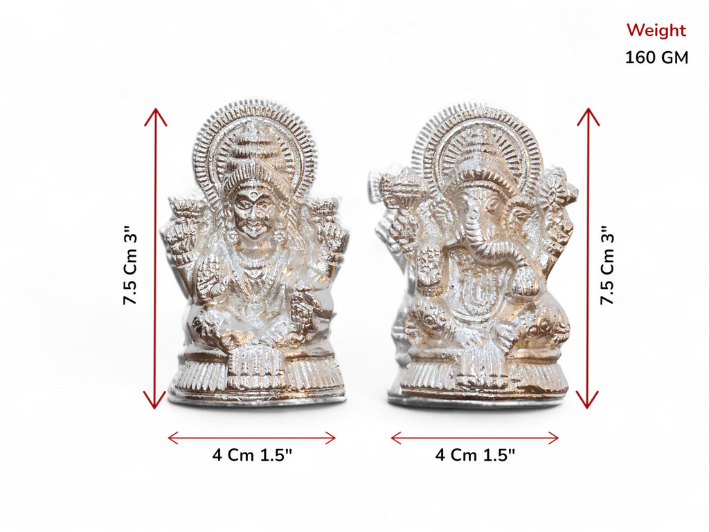 KridayKraft Metal Lakshmi & Ganesha Idol Pair – Silver-Finish Mini Statues (7.5 cm × 4 cm Each), 160 g – Auspicious Home Puja Decor & Diwali Gift