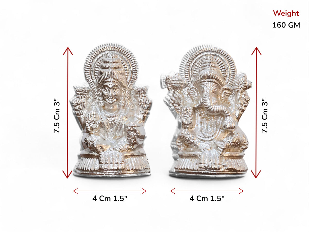 KridayKraft Metal Lakshmi & Ganesha Idol Pair – Silver-Finish Mini Statues (7.5 cm × 4 cm Each), 160 g – Auspicious Home Puja Decor & Diwali Gift