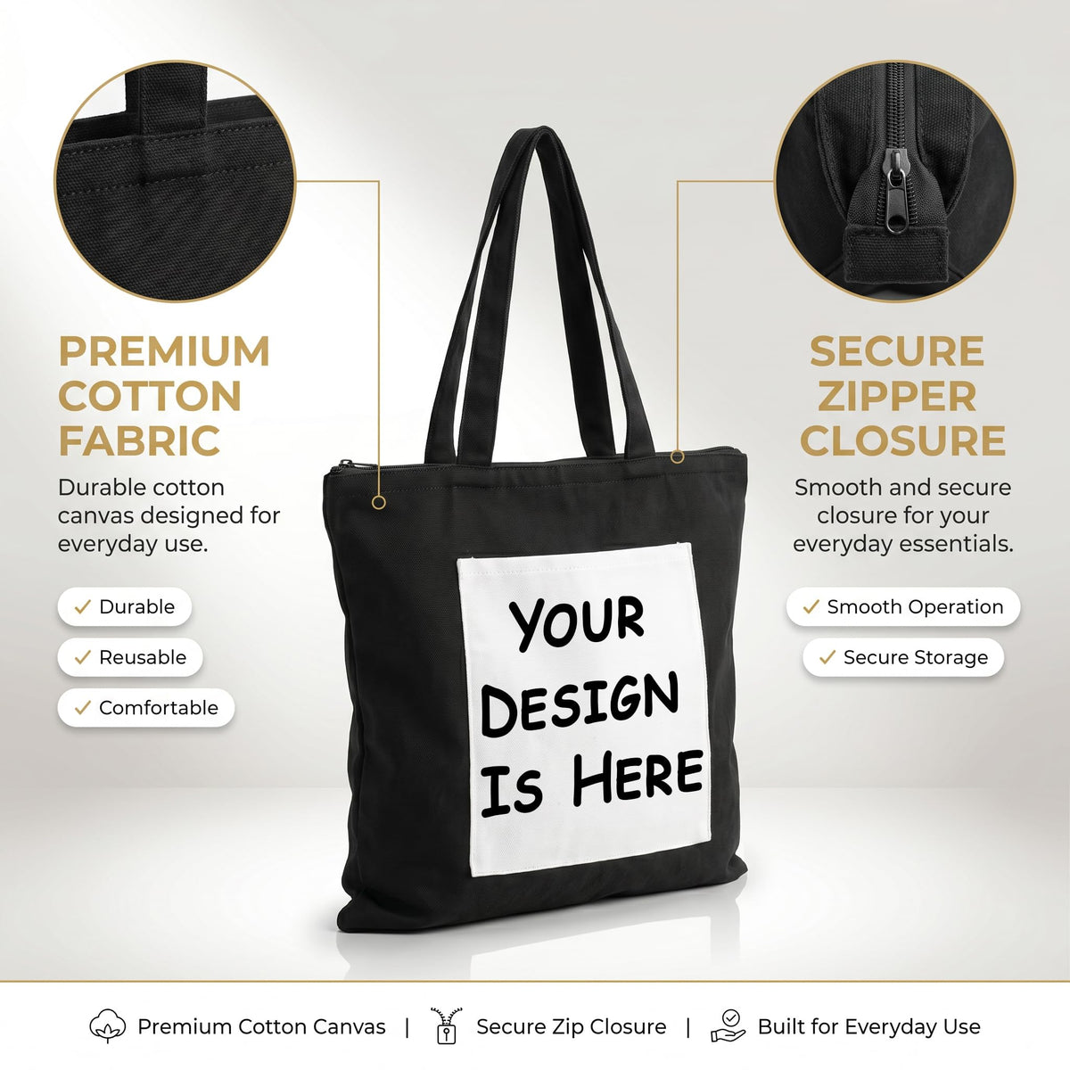Kirmada Black Cotton Tote Bag Trendy Tech Humor Tote for College, Office & Shopping | Zipper Closure | Reusable Eco Friendly Cotton Bag | Gift for Geeks & Coders (Customisable)