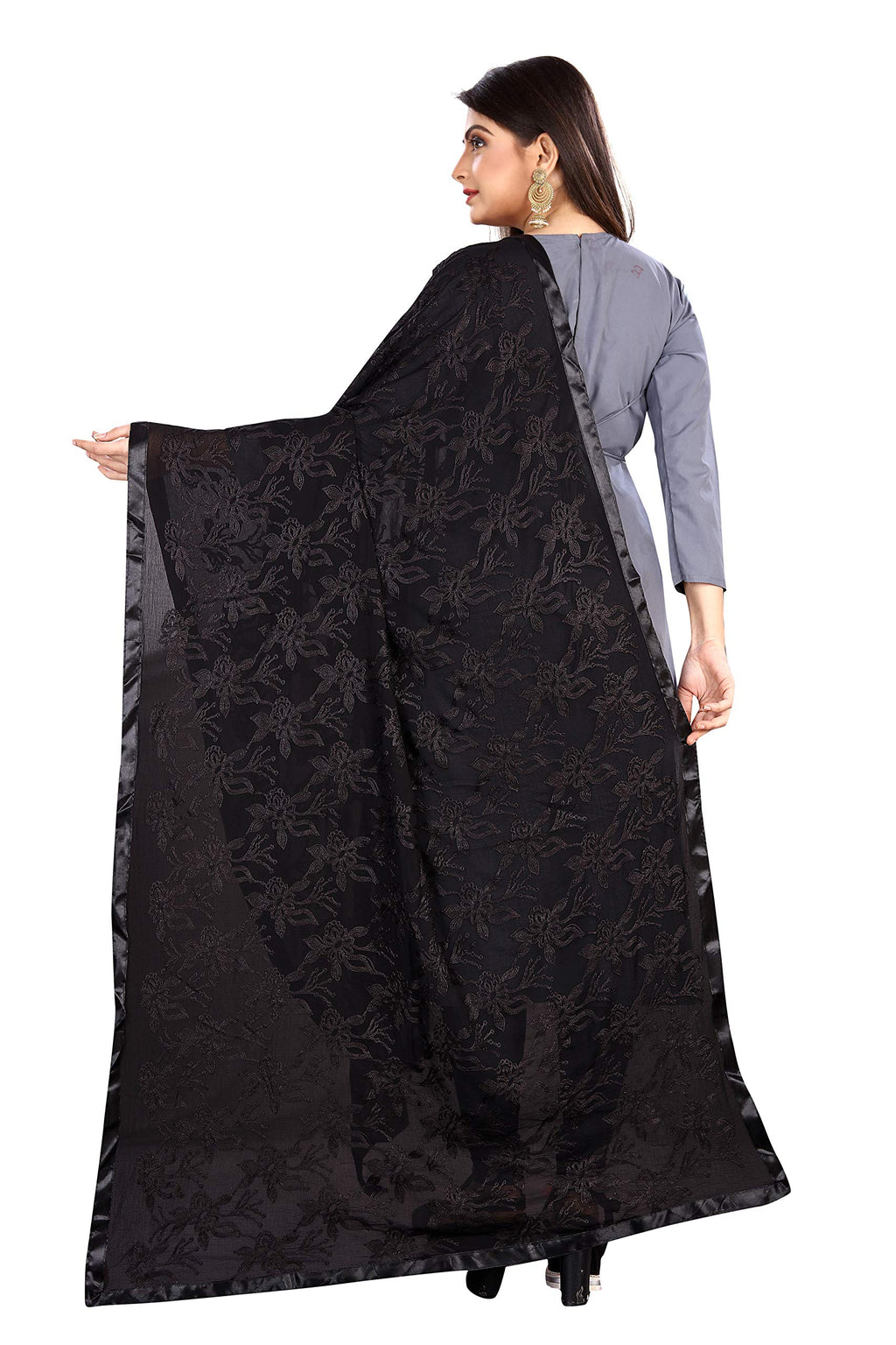 AKSHAR LLC Miss India Women's Chiffon Dupatta with Karachi Embroidery Work (black)