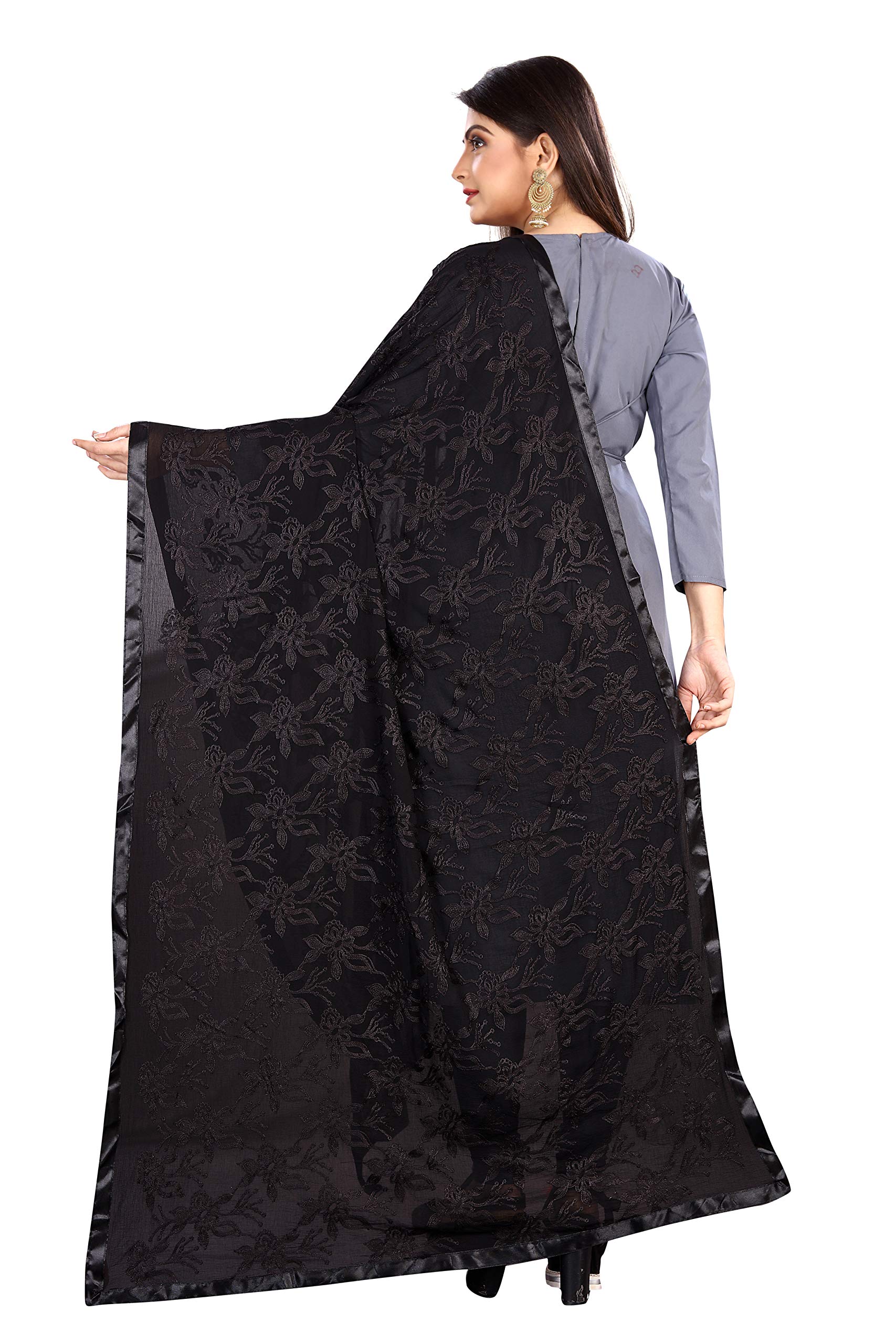 AKSHAR LLC Miss India Women's Chiffon Dupatta with Karachi Embroidery Work (black)