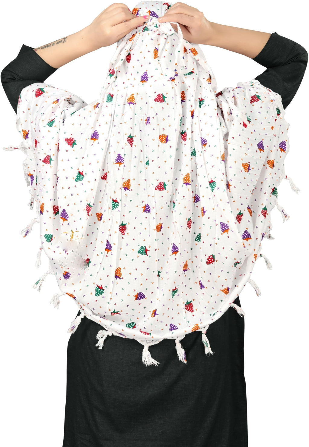 Sclout Soft Cotton Breathable Sun Protection Scarf Dupatta Usable for vehicle Driver | White Printed Design Stoles | Universal Size | For Girl & Women | Light Weight (Scarf - Strawberry)