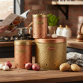 Elan Dabbahs and Days Onion Potato Garlic Storage Container Set, Kitchen Storage Canisters with Lid, Food Grade Storage Container With Lid (Set of 3, Copper and Antique Gold Finish)