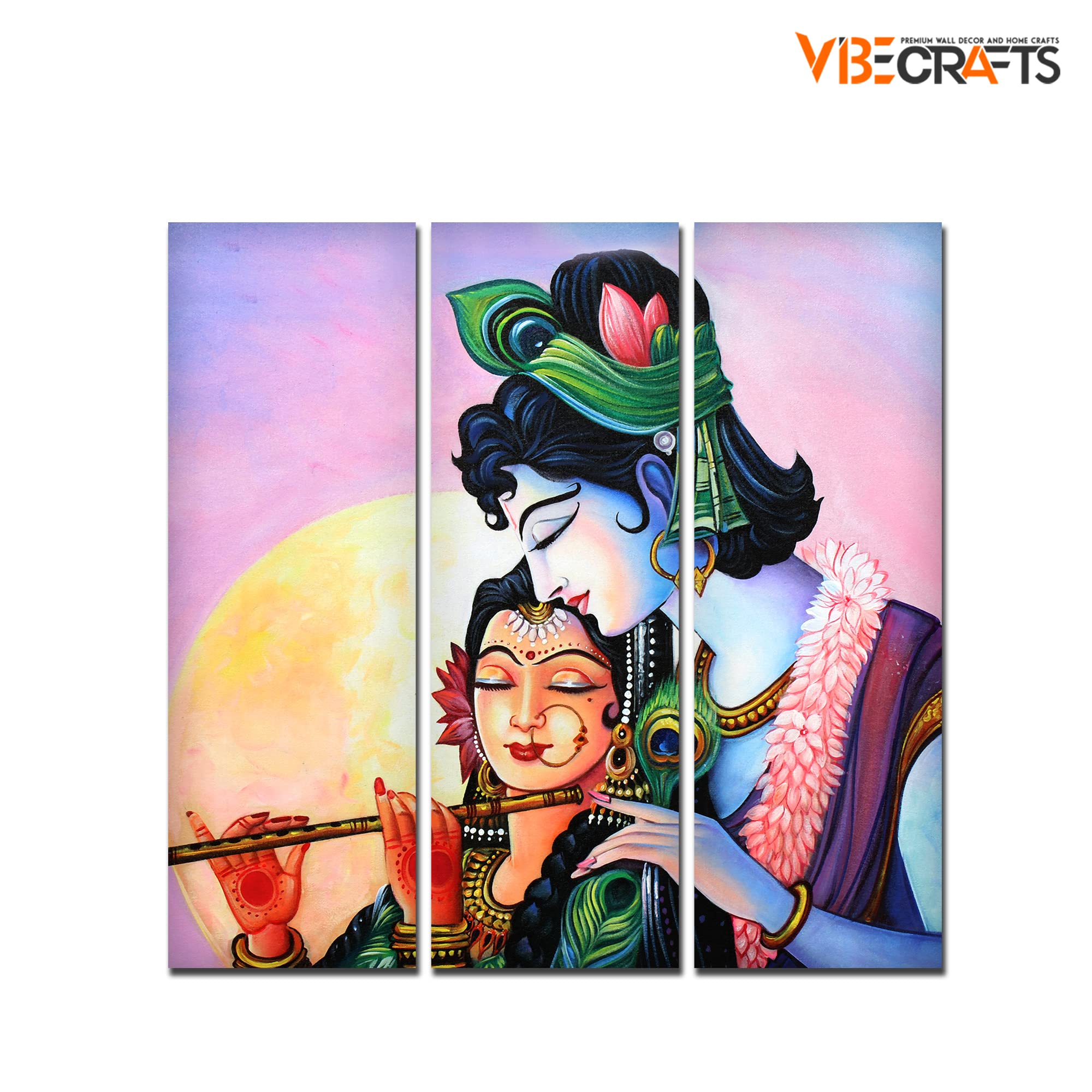VIBECRAFTS Shri Radha Krishna With Flute 3 Pieces Canvas Wall Painting Fitted With Wooden Frame For Home | Office | Living Room | Gifts (PTVC3Pcs1_9534)