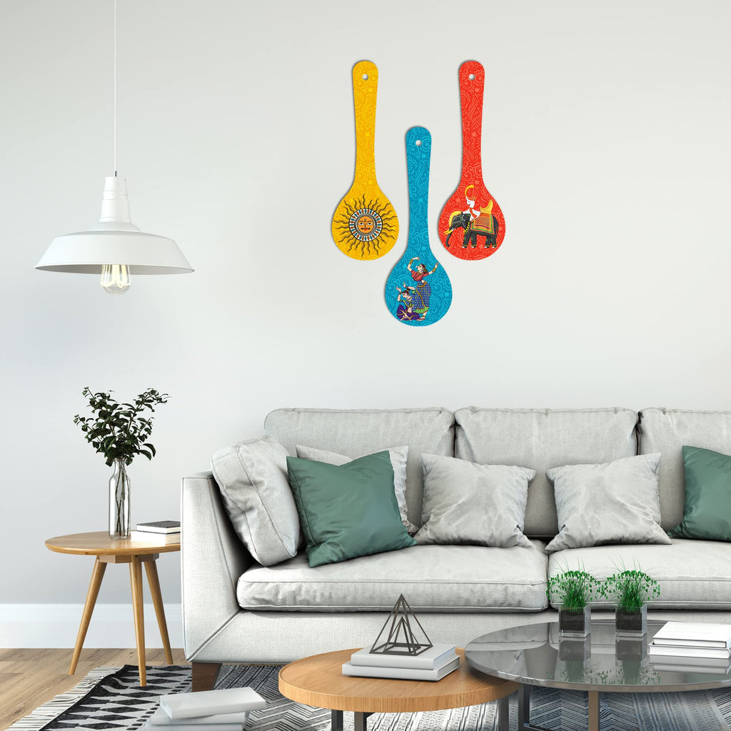 Artvibes Dancing Women Elephant & Sun Traditional Indian Folk Art Decorative MDF Wooden Wall Art for Home | Home Decor | Wall Accent | Wall Art Print | Unique Gift Items (WH_5010NN), Set of 3
