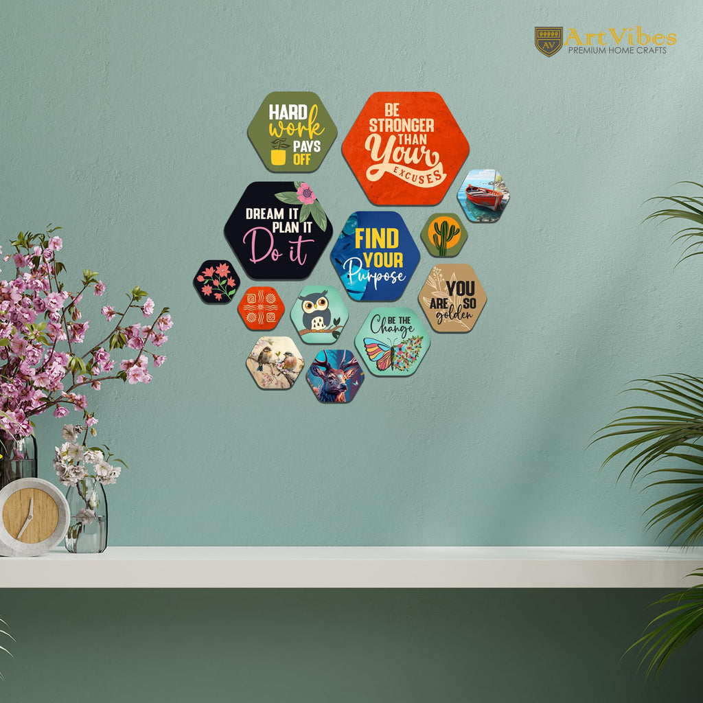 Artvibes Find Your Purpose Hexagon Shape MDF Wooden Wall Decor Items | Quotes Decor Item | Motivational Wall Decor | Wall Accent | Gift Items | Office Wall Decoration Items (WPS_227N), Set of 13