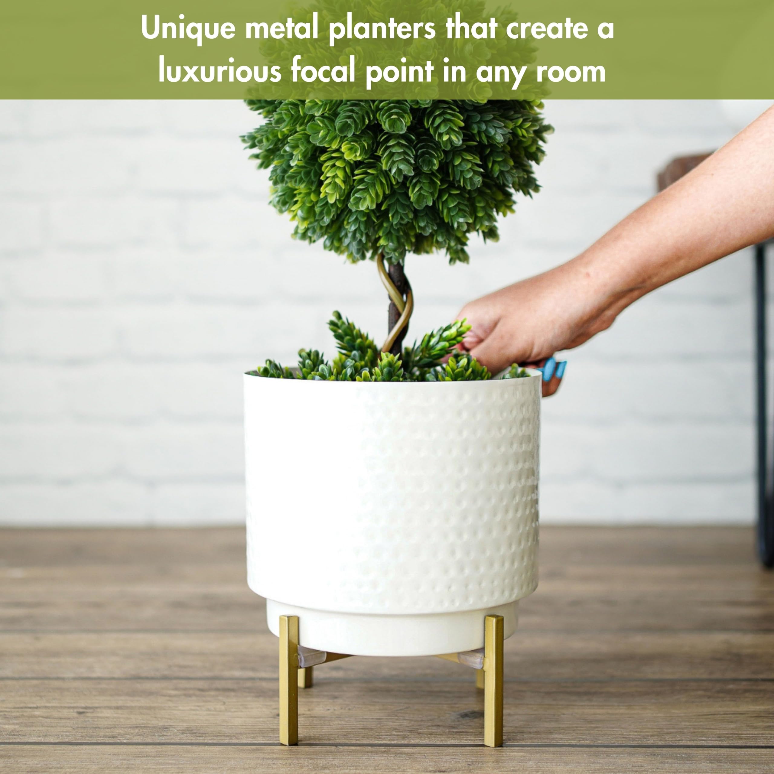 BEHOMA Hammered Metal Indoor Planter for Table, White