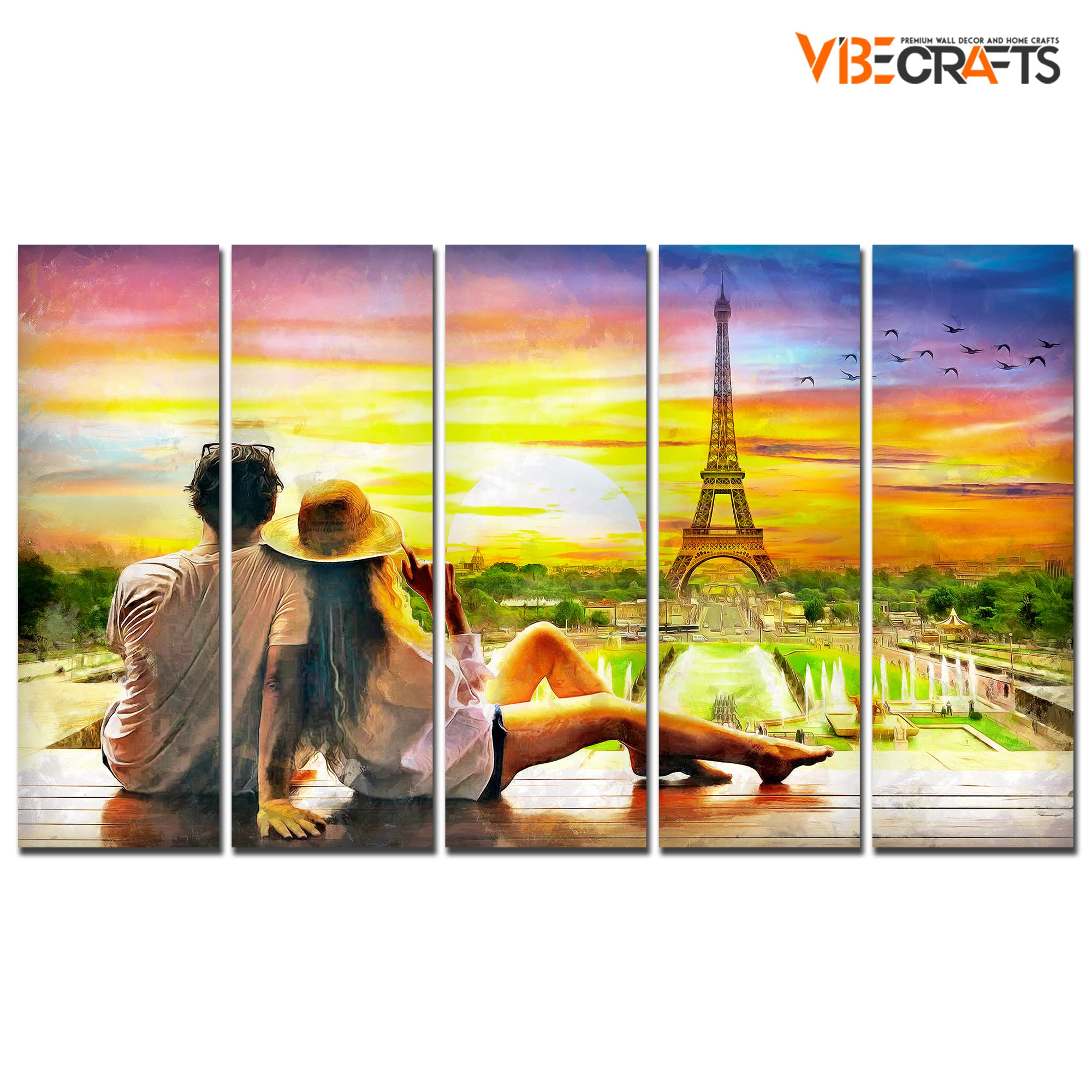 VIBECRAFTS Couple Watching Sunset Paris 5 Pieces Canvas Wall Painting For Home | Office | Living Room | Gift (PTVC5Pcs4_8524)