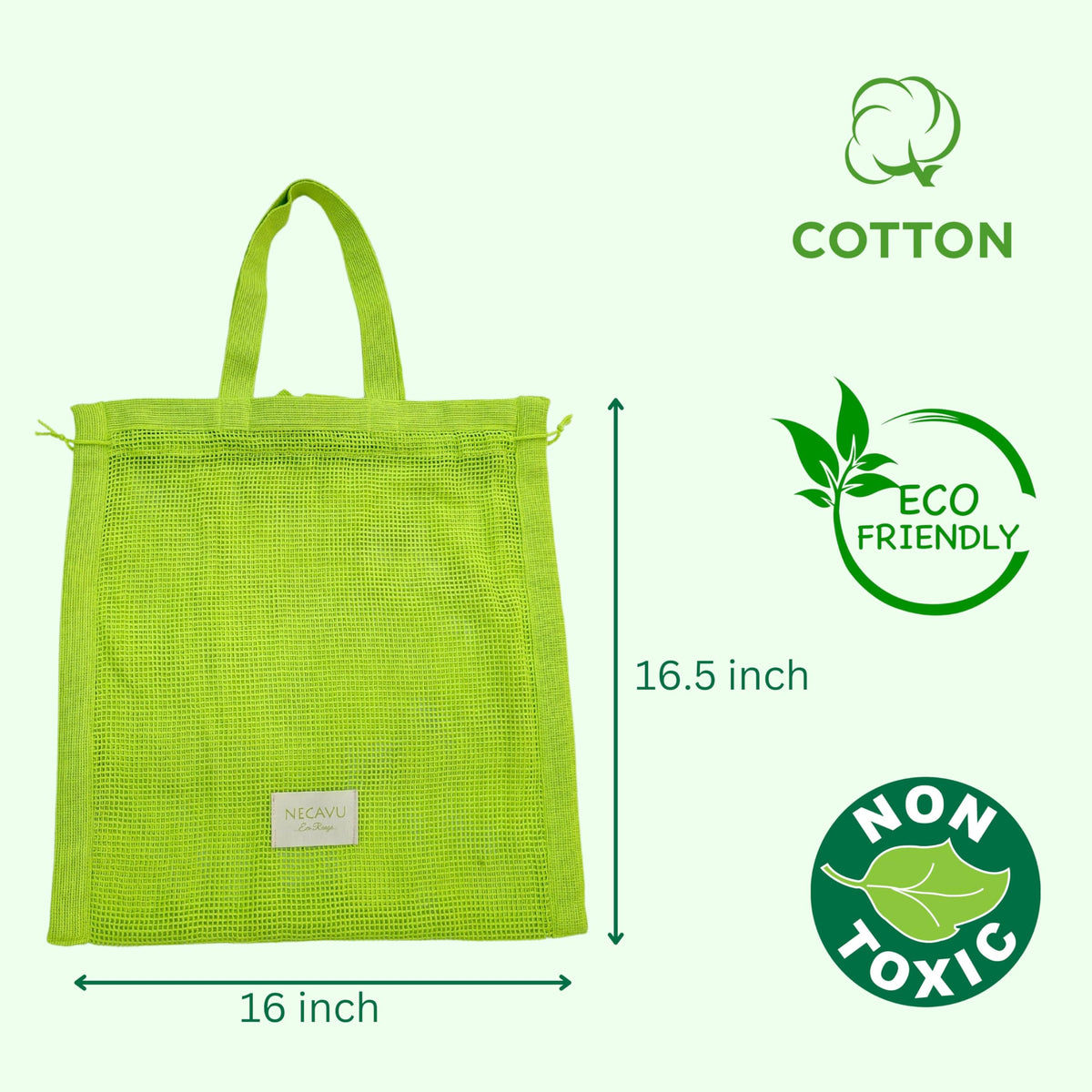 NECAVU 100% Cotton Set Of 2 Mesh Grocery Bag | Eco-Friendly Cotton Market Bags For Vegetable Shopping | Multi-Purpose Portable Cotton Market Bags with Reinforced Edges (Kiwi Green) (Kiwi Green)