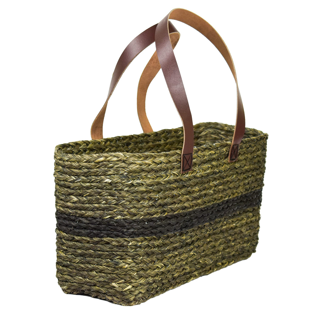 KADAM HAAT Shopper Bag With Leather Handle | Sabai Grass Handmade Stylish Eco-Friendly Multipurpose Babui HandBag for Women | Suitable for Travel or Work (Black)