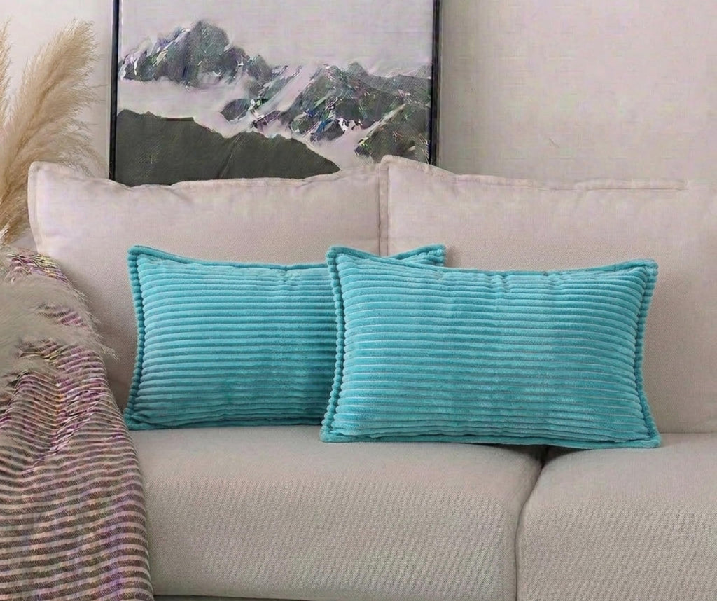 RD TREND® Corduroy Cushion Cover Set of 2, Striped Double Sided Decorative Throw Pillowcases for Sofa, Bed & Living Room Rectangular Long Cushion Covers 18x28 inches | Aqua