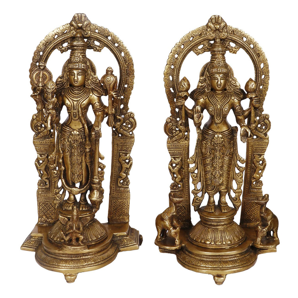 ARTVARKO Big Pure Brass Laxmi Narayana Murti for Home Puja Handmade Standing Lakshmi Vishnu Idol Gold Height 16 Inch