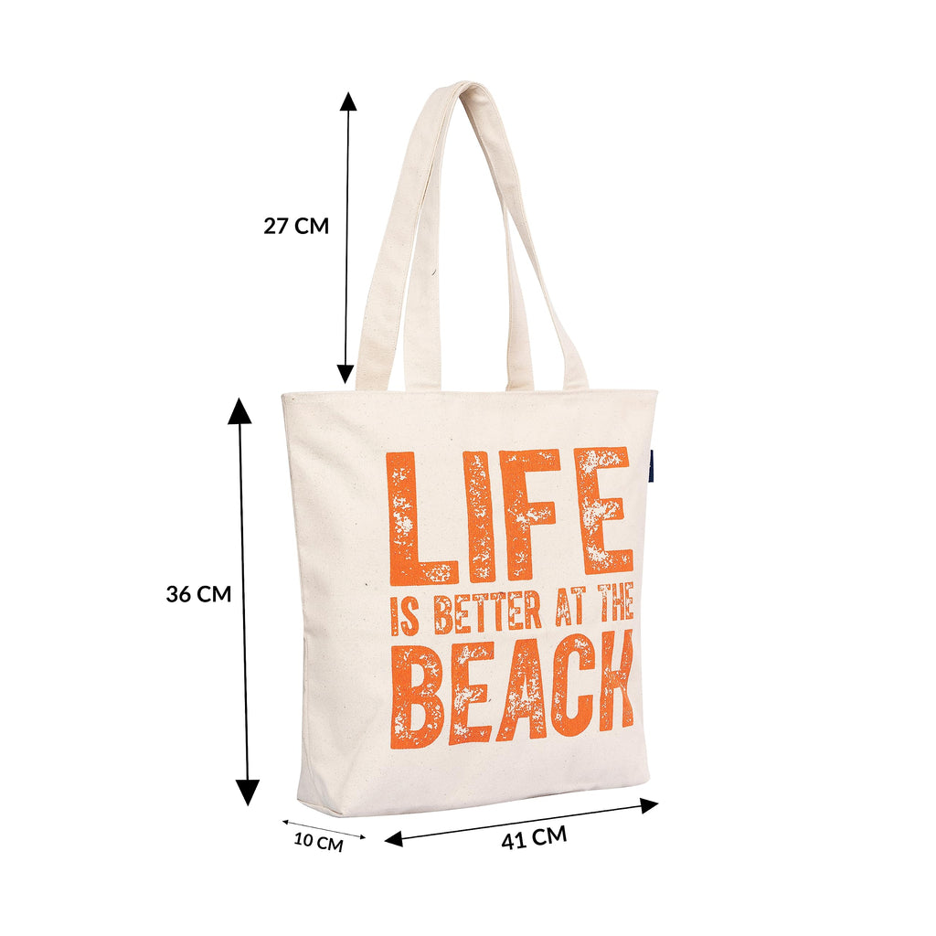 AQVA Printed Cotton Canvas Tote Bag for Women & College Girls | Trendy Stylish Multipurpose Handbag with Zipper | Shoulder Bag for Shopping, Beach, Travel (Life is Better at Beach)