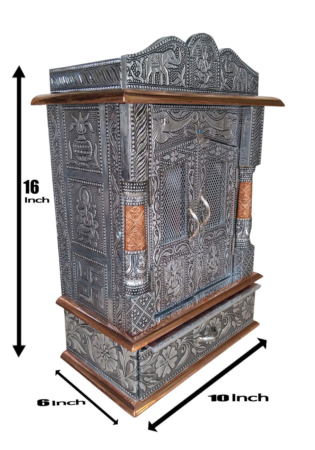 Genaric Vd-Star Aluminium And Copper Oxidized Metal Wooden Handcrafted Designs Temple (Silver And Bronze),H-16In