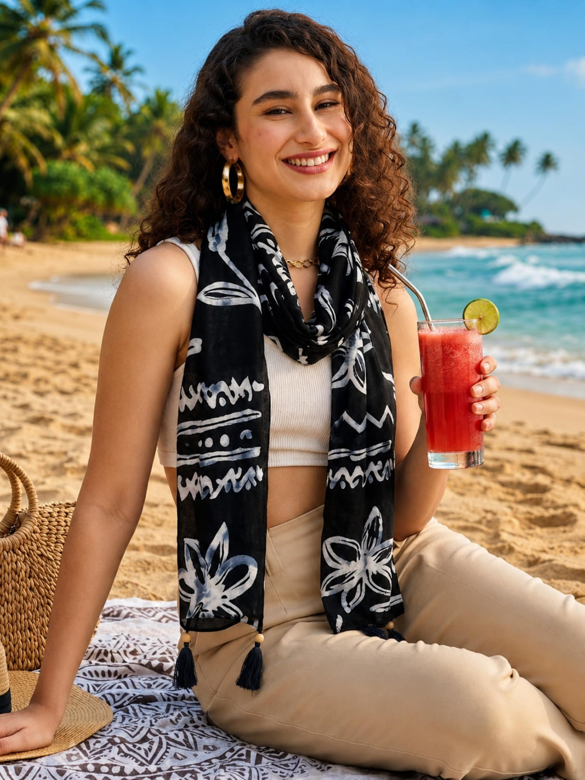 KE KANHA EXPORTS|Cotton Scarf For Women|Beach Printed Tassel Scarf|Multicolor|70x20 Inch