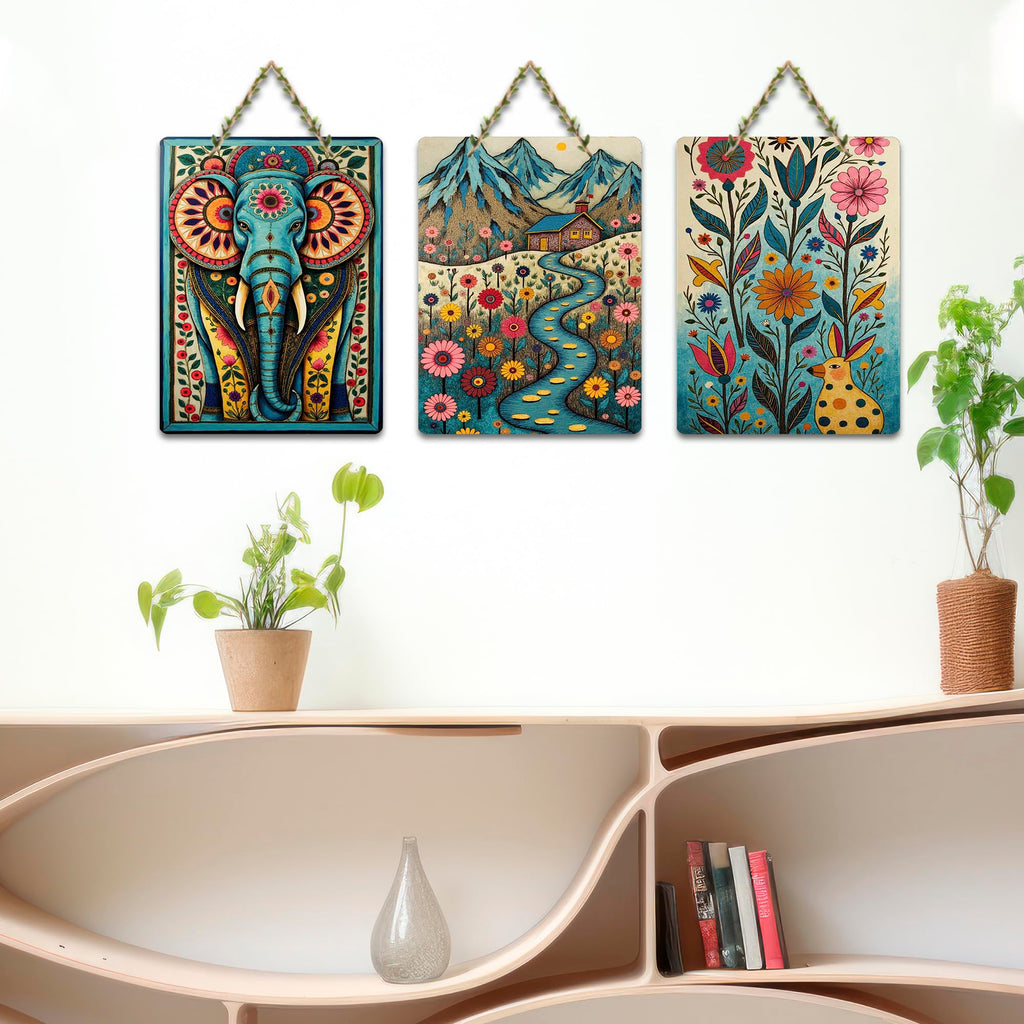 Artvibes Nature Theme Wall Art Wooden Art Decoration Item for Home | Modern Decoration Items | Living Room | Bedroom | Office | Artwork | Aesthetic Wooden Decor | Ideal Gifts (WH_96114N), Set of 3