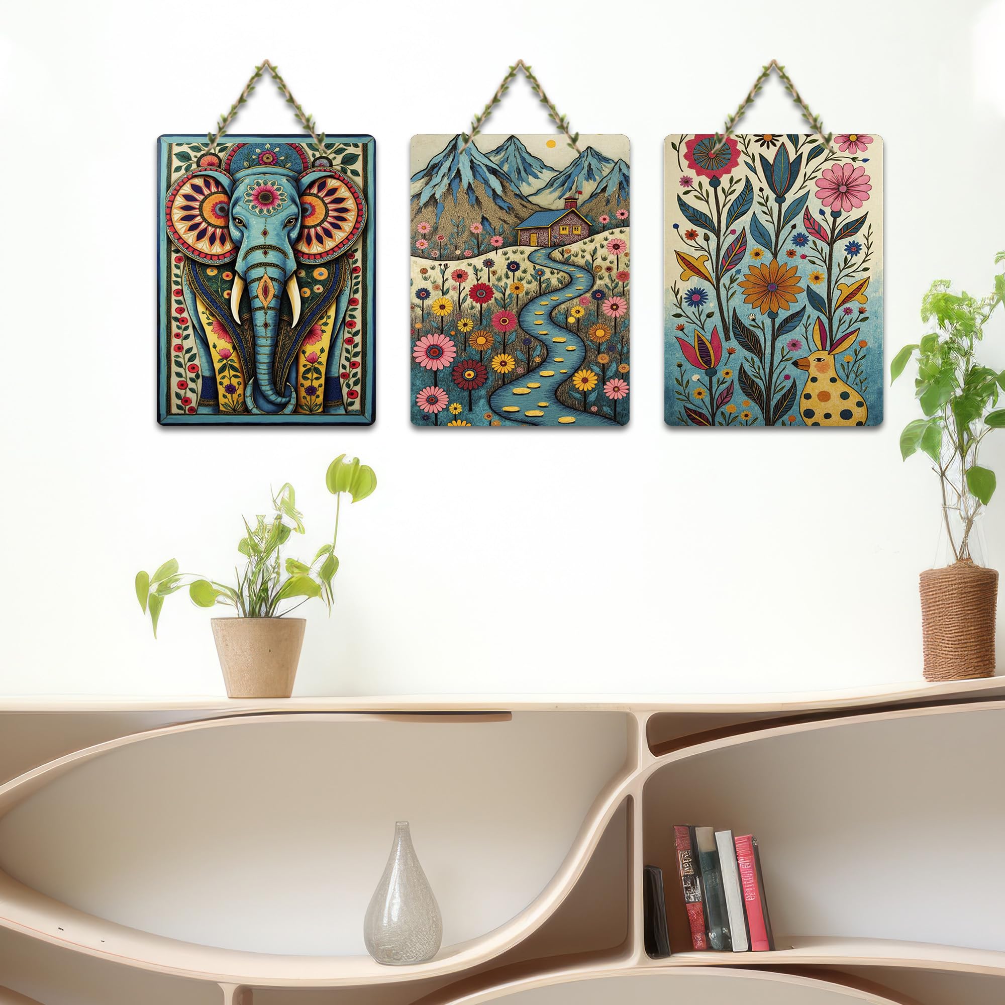 Artvibes Nature Theme Wall Art Wooden Art Decoration Item for Home | Modern Decoration Items | Living Room | Bedroom | Office | Artwork | Aesthetic Wooden Decor | Ideal Gifts (WH_96114N), Set of 3