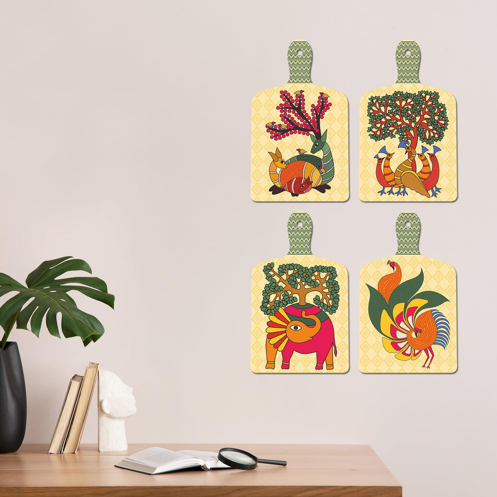 Artvibes Tree, Bird & Animal Theme Madhubani Art Wooden Wall Hanger for Home Decor | Garden Balcony| Stylish Modern Decor Item | Trendy Decor | Wall Illustrations | Gift Items (WH_5663N), Set of 4