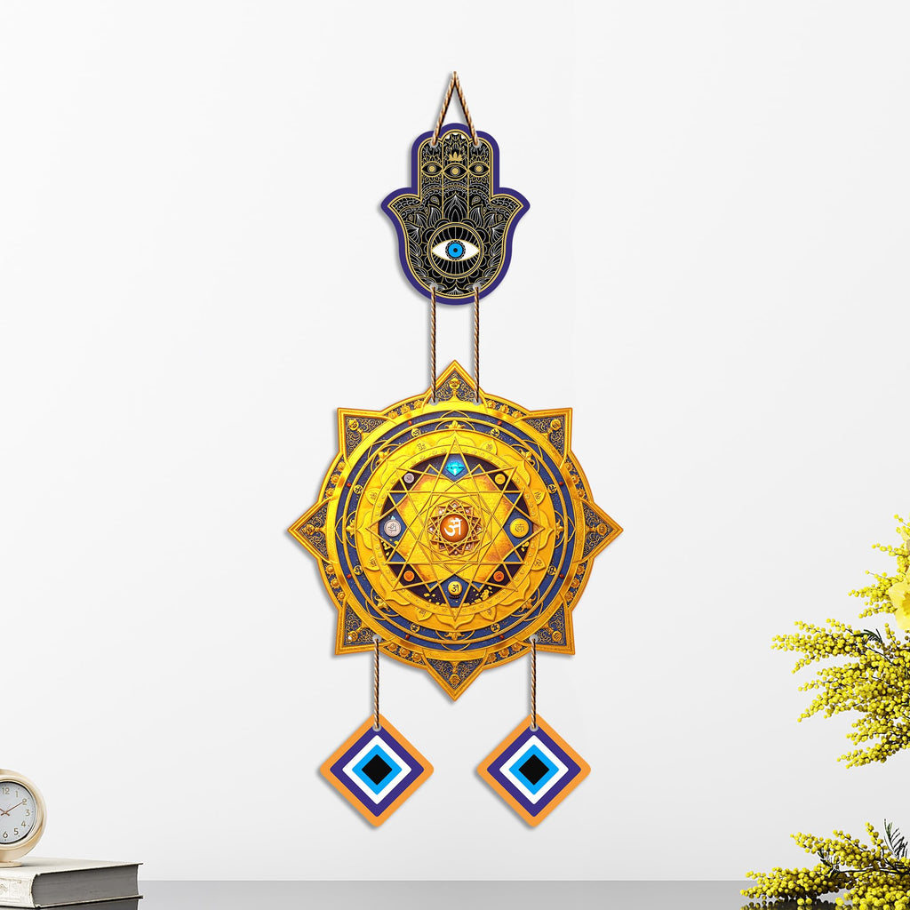 Artvibes Hamsa Hand with Sacred Yantra Evil Eye Wall Hanging | Protective Nazar Battu Decor for Main Door Entrance | Positive Energy Spiritual Accent for Home and Office (WH_85138N)