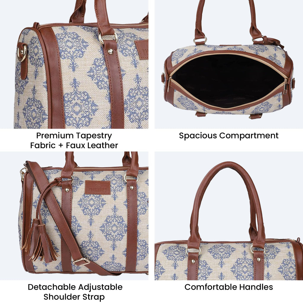 THE CLOWNFISH Lorna Printed Handicraft Fabric Handbag for Women Office Bag Ladies Shoulder Bag Tote for Women College Girls (Off White)
