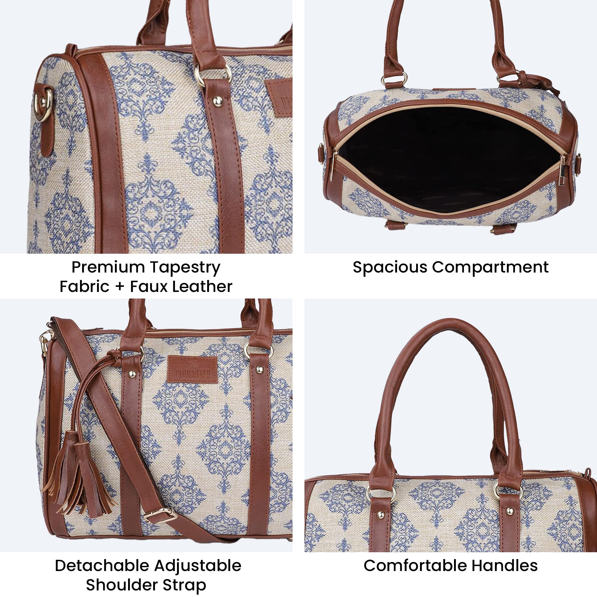 THE CLOWNFISH Lorna Printed Handicraft Fabric Handbag for Women Office Bag Ladies Shoulder Bag Tote for Women College Girls (Off White)