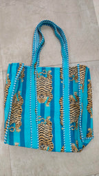 HARUSHA Beautiful Premium Cotton Printed Reversible Tote Bag Grocery Shopping Bag Travel Bags 18x15x5.5 Inch (SKY BLUE)