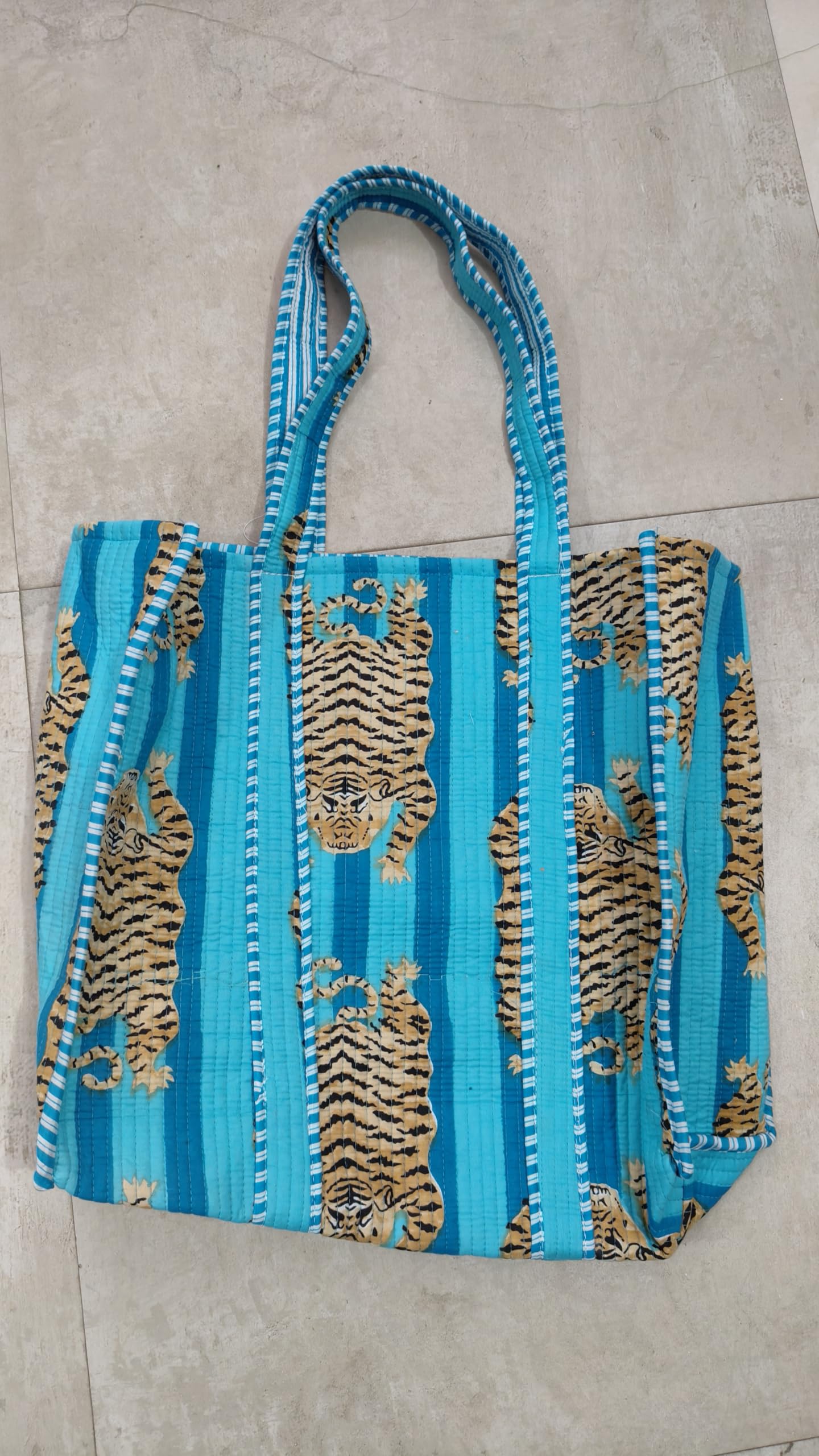 HARUSHA Beautiful Premium Cotton Printed Reversible Tote Bag Grocery Shopping Bag Travel Bags 18x15x5.5 Inch (SKY BLUE)