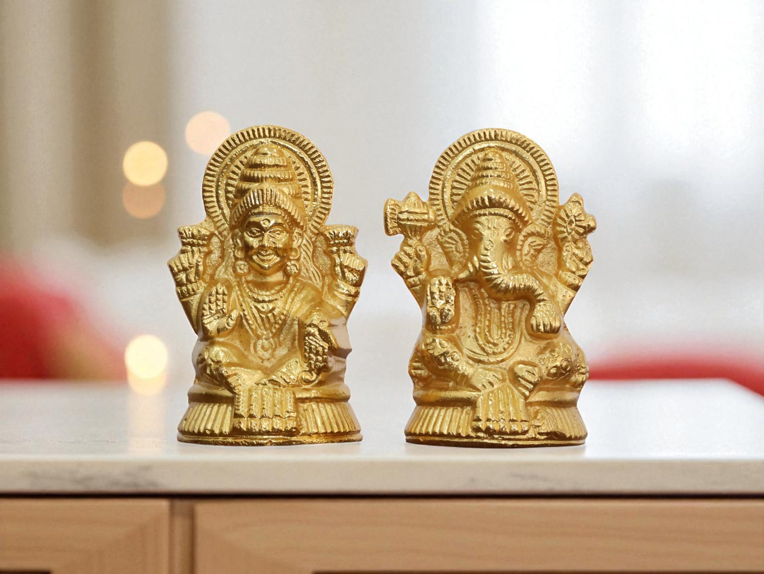 KridayKraft Metal Lakshmi & Ganesha Idol Pair – Gold-Finish Mini Statues (7.5 cm × 4 cm Each), 160 g – Auspicious Home Puja Decor & Diwali Gift