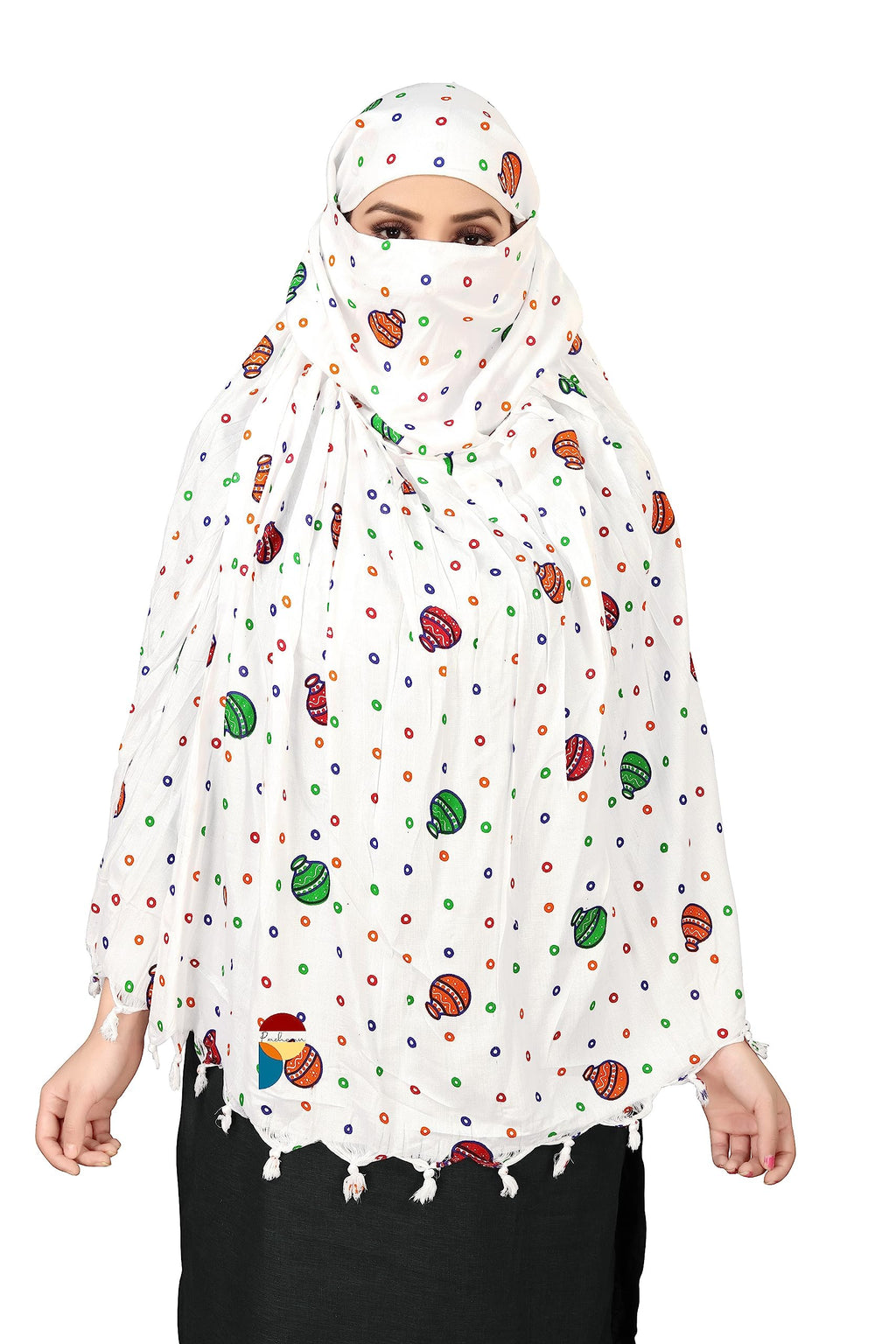 PRACHARAN Female Cotton Innovative Stylish Matka Printed Pattern Fancy Scarf With Sun Protection Cover Face Cotton Driving Scarf for Women's and Girls, White