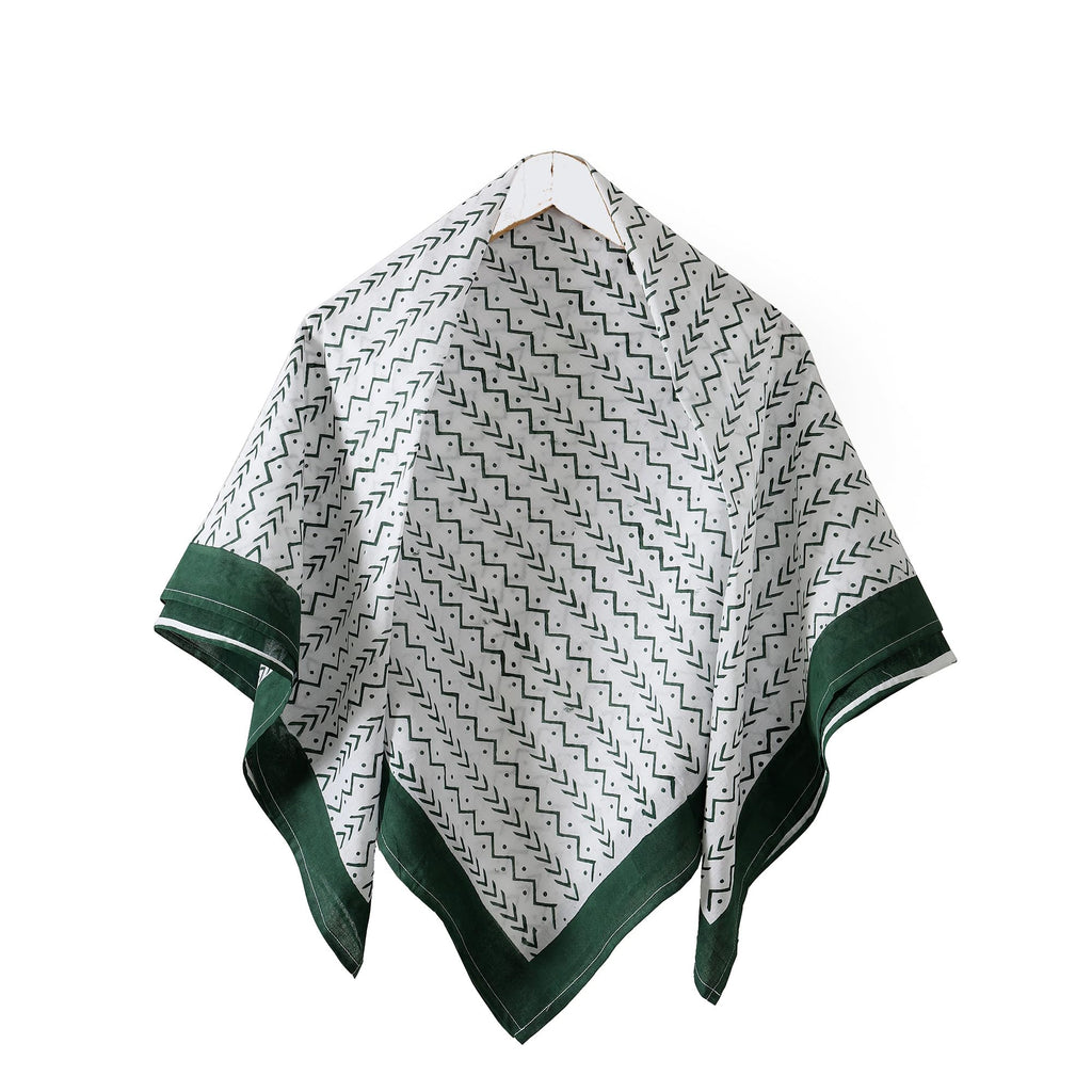 Ravaiyaa - Attitude is everything Sanganer Hand Block Printed Scarves Pure Cotton Scarf Square Hijab Dupatta 40 X 40 Inch (Green White Waves)