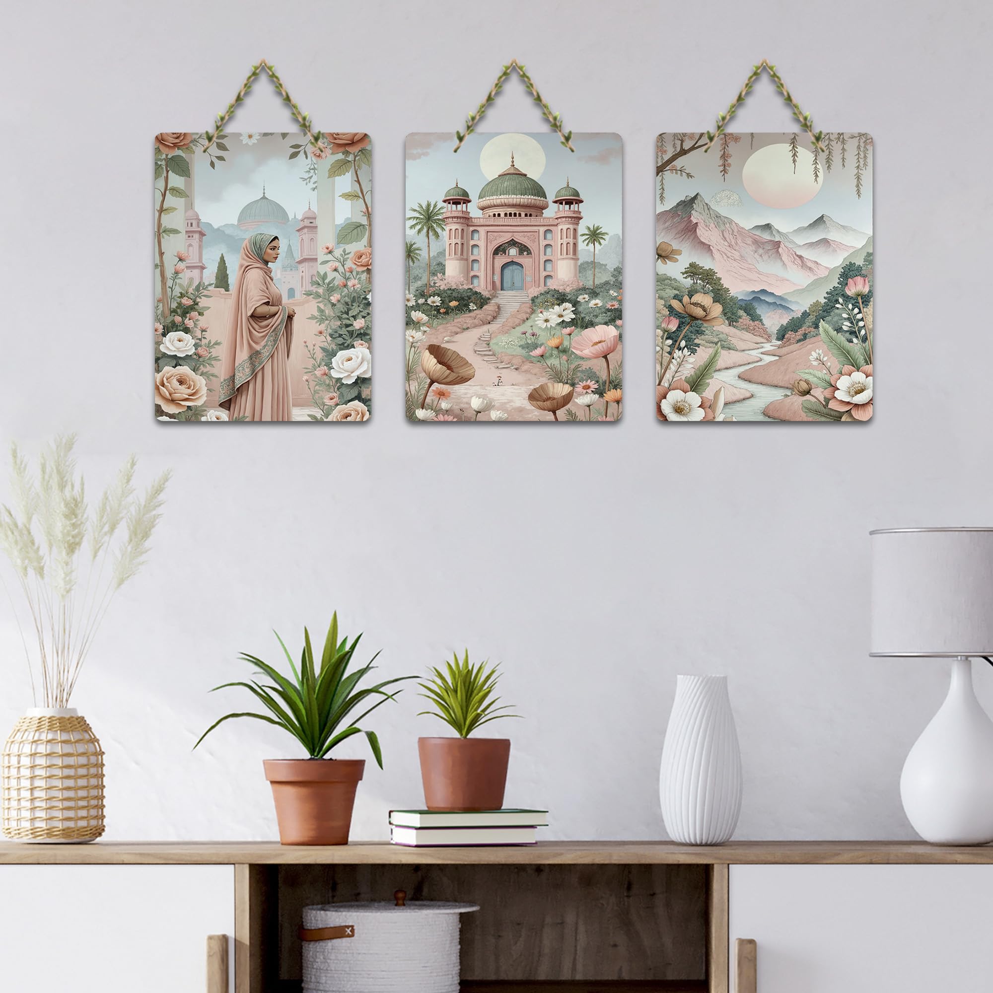 Artvibes Women In Front Of Palace & Mountains With Flowers Wooden Wall Hanger for Home Decor | Art For Wall | Wall Sculpture | Signs & Plaques | Wall Illustrations | Unique Gift (WH_9699N), Set of 3