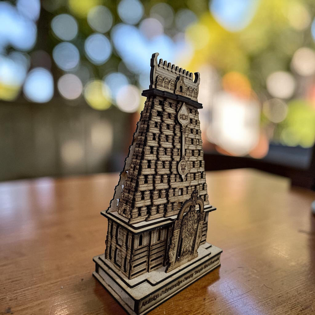 QUEENS CANVAS Marudhamalai Subramaniya Swamy Temple Wooden Decorative Model, Traditional Hindu Temple Architecture Replica -12 Inch Hight