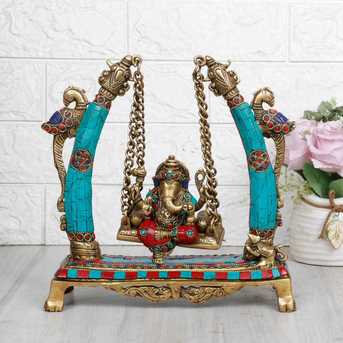 Svarup Brass Ganesha On Jhoola Swing Peacock Ganesh Ganpati Jhula for Home Office Temple Puja Décor Gift Height 10 Inch.