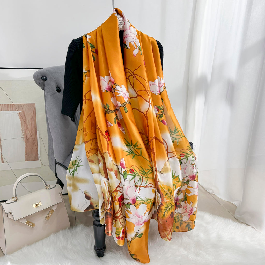 MALINA Floral Print polyester Silk Satin Stole, Orange with White Blossoms, Bamboo Leaf Pattern, Fashion Wrap Scarf,Summer Stole