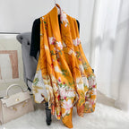 MALINA Floral Print polyester Silk Satin Stole, Orange with White Blossoms, Bamboo Leaf Pattern, Fashion Wrap Scarf,Summer Stole