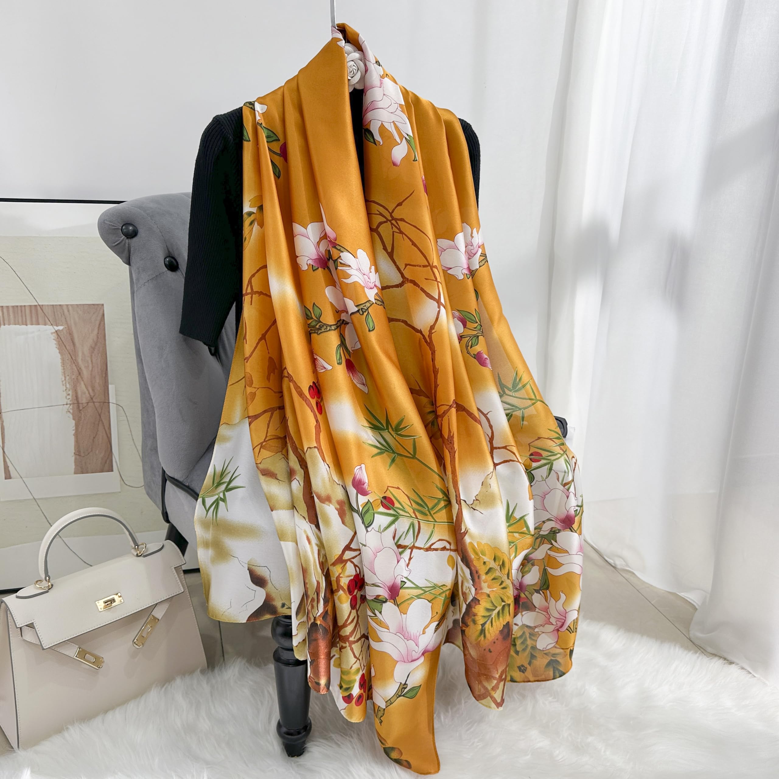 MALINA Floral Print polyester Silk Satin Stole, Orange with White Blossoms, Bamboo Leaf Pattern, Fashion Wrap Scarf,Summer Stole