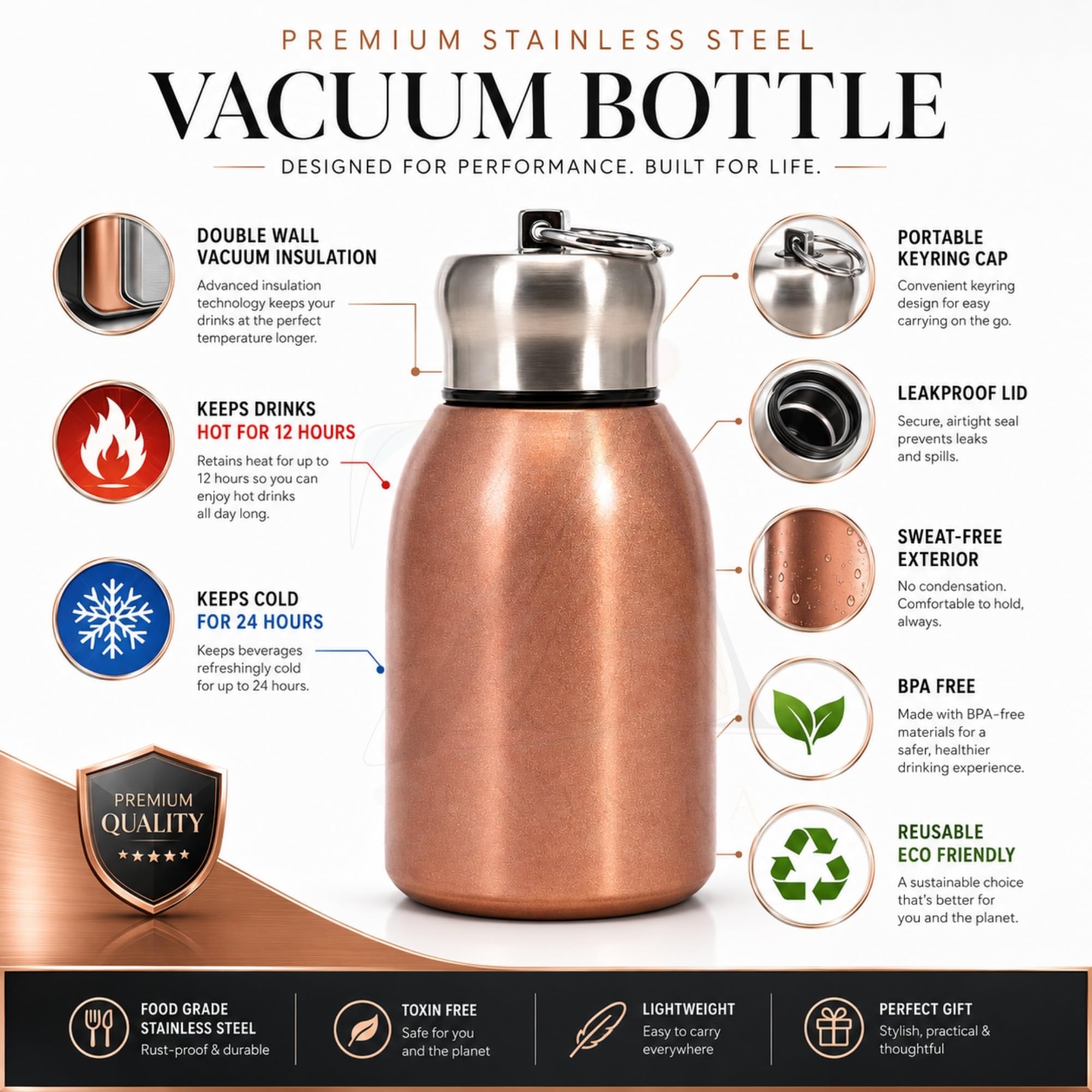 Premium Butterfly Print 300ml Insulated Stainless Steel Water Bottle | Hot & Cold Vacuum Flask | Leakproof Travel Bottle for Office, Gym, Car, Women & Girls Gift (300ml, Rose Gold/Copper)