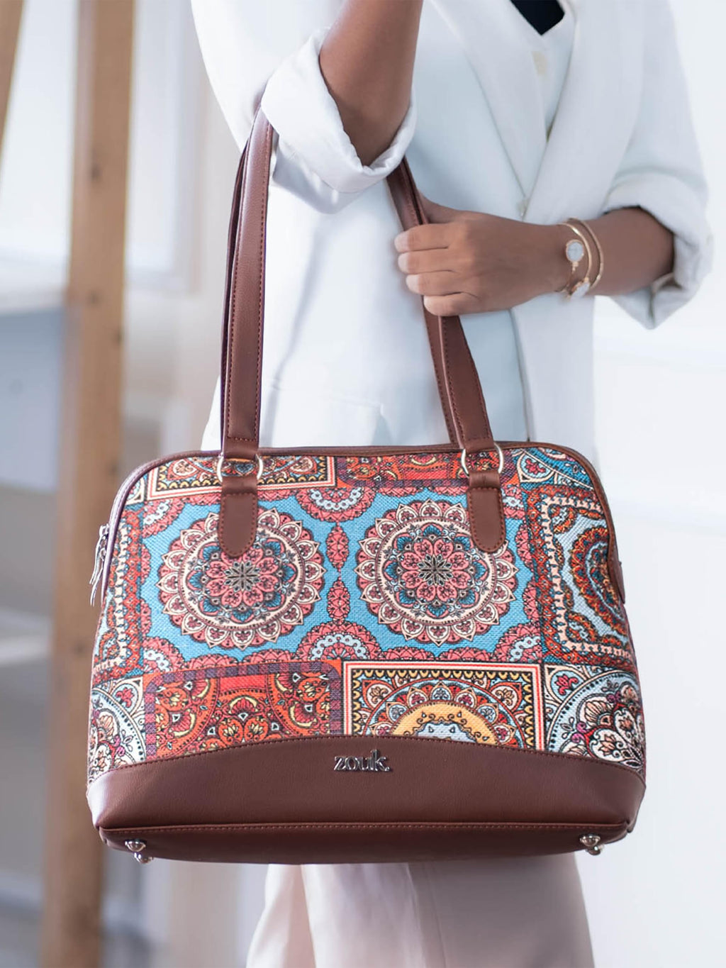 ZOUK Carry-All Work Bag | Stylish Handbag for Women Office Use | 13-Inch Laptop Compartment | Water-Resistant | Tote Bag for Office, College & Travel | Multicolor Mandala Print