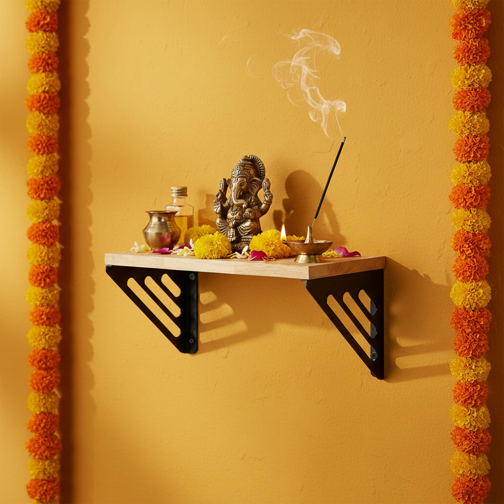 Spillbox Wooden Pooja Home Temple|White Metal Shelf |Wall Mountable|Easy Screw Assembly|Home Temple for Puja Room |Pooja Stand | Mandir-Lines (Small Black)