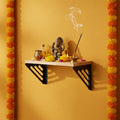 Spillbox Wooden Pooja Home Temple|White Metal Shelf |Wall Mountable|Easy Screw Assembly|Home Temple for Puja Room |Pooja Stand | Mandir-Lines (Small Black)