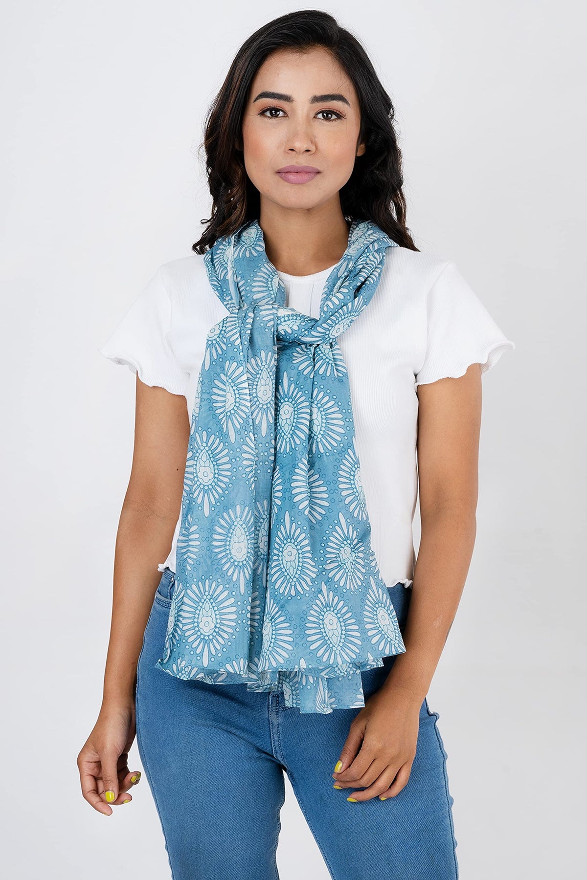 AQVA Printed Cotton Scarf for Women Stylish (Pista Pewter) | Head and Face Cover Scarf for Girls with 100% Cotton | Soft & Lightweight Scarves/Stoles for all Weather (72 x 43 in)
