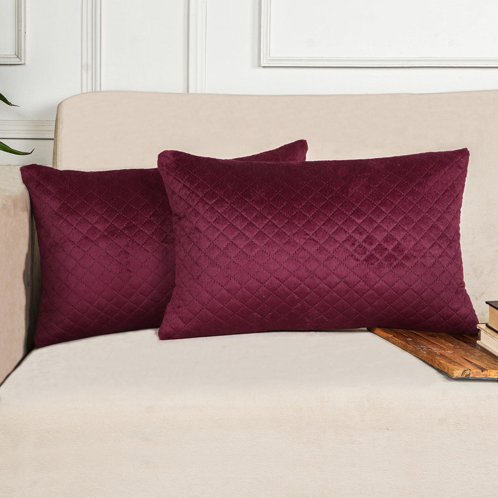 STITCHNEST Quilted Velvet Cushion Covers Set of 2 | Soft Maroon | 12x18 Inches | Premium Sofa & Living Room Décor